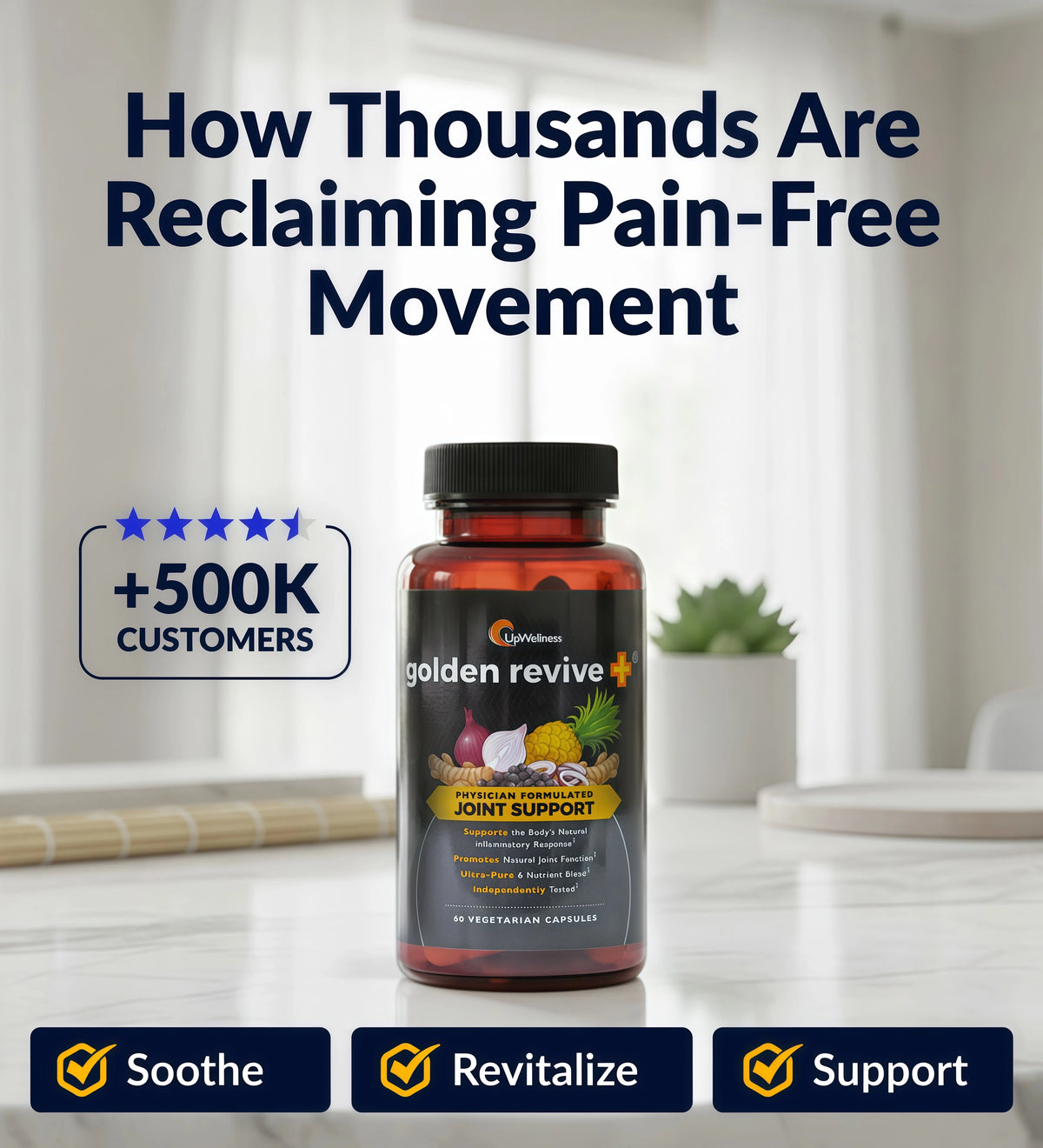 UpWellness Golden Revive + Joint Support Supplement Featuring Turmeric with Black Pepper, Quercetin, and Magnesium- Turmeric Boswellia Supplement - 6 Active Ingredients for Joint Care - 60 Capsules